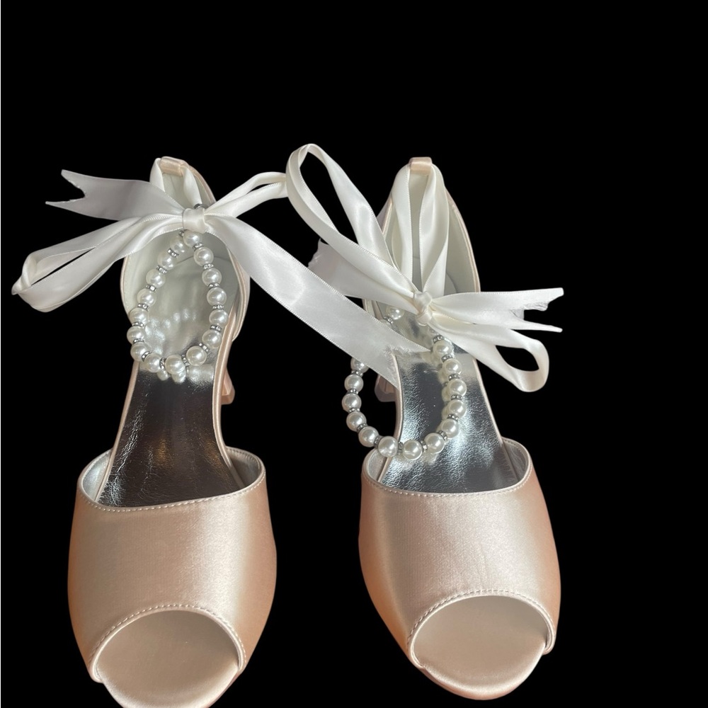 Elegant Satin Peep-Toe Heels with Pearl Ankle Strap